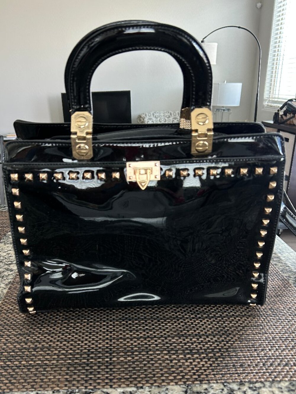BLACK PATENT LEATHER PURSE WITH GOLD STUD HARDWARE (PRE-OWNED)